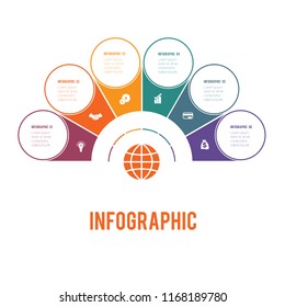 Colorful semicircle and circles.  Elements of Infographics Conceptual Cyclic Processes for 6 Positions Possible to Use for Workflow, Banner, Diagram, Web design, Timeline, Area chart,Number options