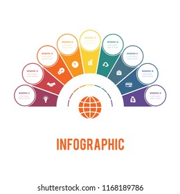 Colorful semicircle and circles.  Elements of Infographics Conceptual Cyclic Processes for 9 Positions Possible to Use for Workflow, Banner, Diagram, Web design, Timeline, Area chart,Number options  
