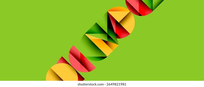 Colorful semicircles form diagonal line. Bright hues contrast against lime background. Modern, abstract design. Simple geometry creates visual interest.