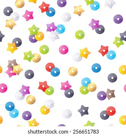 Colorful sequins seamless pattern - white background. Star and round shaped decoration.