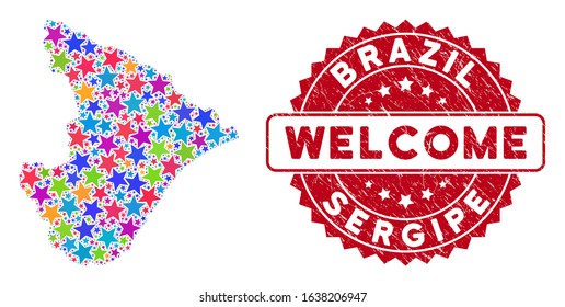 Colorful Sergipe State map composition of stars, and distress rounded red WELCOME seal. Abstract territorial plan in colorful color tints. Vector Sergipe State map is done of colorful stars.