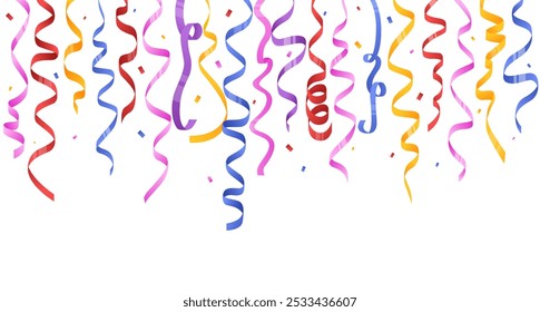 Colorful serpentine border. Dangling curled ribbons. Falling confetti. Holiday party. Festive decor. Curved paper bright elements. Carnival tinsels. Birthday decoration