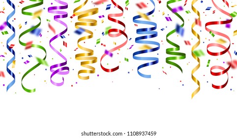 Colorful serpentine and confetti isolated on white background. Vector illustration. Shiny ribbons set for holiday design