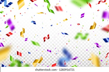 Colorful serpentine and confetti isolated on transparent background. Vector illustration. Shiny falling decorations for holiday design