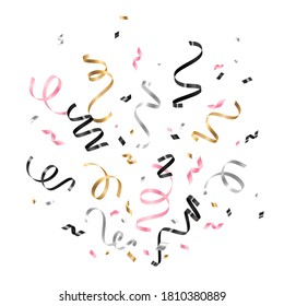 Colorful serpentine and confetti isolated on white background. Vector illustration. Shiny gold, silver, black and pink falling decorations for holiday design