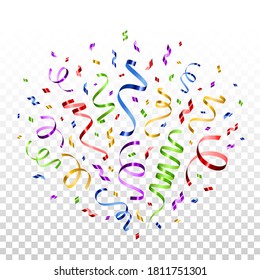 Colorful serpentine and confetti isolated on transparent background. Vector illustration. Shiny falling decorations for holiday design