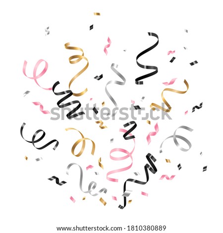 Colorful serpentine and confetti isolated on white background. Vector illustration. Shiny gold, silver, black and pink falling decorations for holiday design