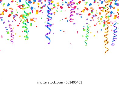 Colorful serpentine and confetti vector holiday background