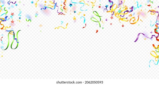 Colorful Serpentine. Holiday Foil Streamers Ribbons. Confetti Star Falling on Transparent Background. Party, Birthday Vector Template. Carnival Serpentine. Celebration Elements. Bright Festive Tinsel.