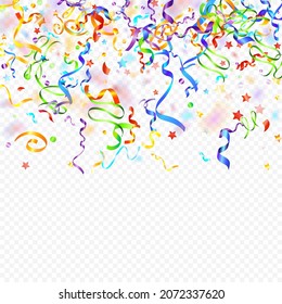 Colorful Serpentine. Holiday Foil Streamers Ribbons. Confetti Star Falling on Transparent Background. Party, Birthday Vector Template. Carnival Serpentine. Celebration Elements. Bright Festive Tinsel.