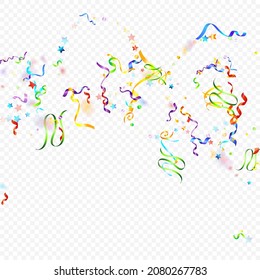 Colorful Serpentine. Holiday Foil Streamers Ribbons. Confetti Star Falling on Transparent Background. Party, Birthday Vector Template. Carnival Serpentine. Celebration Elements. Bright Festive Tinsel.