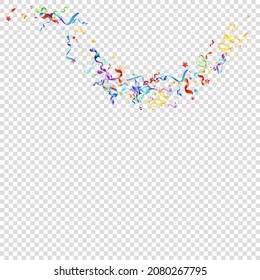 Colorful Serpentine. Holiday Foil Streamers Ribbons. Confetti Star Falling on Transparent Background. Party, Birthday Vector Template. Sparkle Serpentine. Celebration Elements. Bright Festive Tinsel.