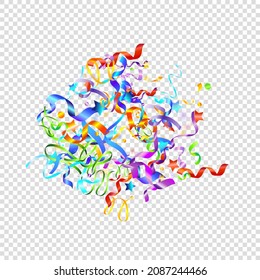 Colorful Serpentine. Holiday Foil Streamers Ribbons. Confetti Star Falling on Transparent Background. Party, Birthday Vector Template. Carnival Serpentine. Celebration Elements. Bright Festive Tinsel.