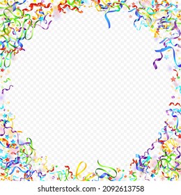 Colorful Serpentine. Holiday Foil Streamers Ribbons. Confetti Star Falling on Transparent Background. Party, Birthday Vector Template. Carnival Serpentine. Celebration Elements. Bright Festive Tinsel.
