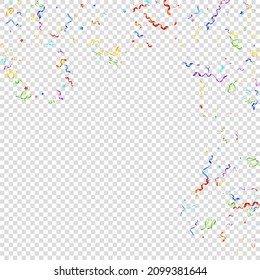 Colorful Serpentine. Holiday Foil Streamers Ribbons. Confetti Star Falling on Transparent Background. Party, Birthday Vector Template. Sparkle Serpentine. Celebration Elements. Bright Festive Tinsel.