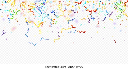 Colorful Serpentine. Holiday Foil Streamers Ribbons. Confetti Star Falling on Transparent Background. Party, Birthday Vector Template. Carnival Serpentine. Celebration Elements. Bright Festive Tinsel.