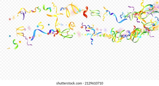 Colorful Serpentine. Holiday Foil Streamers Ribbons. Confetti Star Falling on Transparent Background. Party, Birthday Vector Template. Carnival Serpentine. Celebration Elements. Bright Festive Tinsel.
