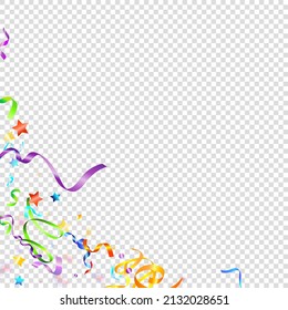 Colorful Serpentine. Holiday Foil Streamers Ribbons. Confetti Star Falling on Transparent Background. Party, Birthday Vector Template. Carnival Serpentine. Celebration Elements. Bright Festive Tinsel.