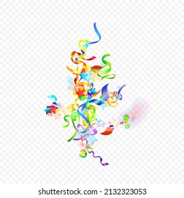 Colorful Serpentine. Holiday Foil Streamers Ribbons. Confetti Star Falling on Transparent Background. Party, Birthday Vector Template. Carnival Serpentine. Celebration Elements. Bright Festive Tinsel.