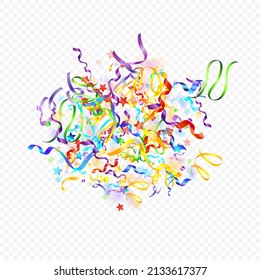 Colorful Serpentine. Holiday Foil Streamers Ribbons. Confetti Star Falling on Transparent Background. Party, Birthday Vector Template. Carnival Serpentine. Celebration Elements. Bright Festive Tinsel.