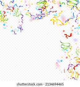 Colorful Serpentine. Holiday Foil Streamers Ribbons. Confetti Star Falling on Transparent Background. Party, Birthday Vector Template. Carnival Serpentine. Celebration Elements. Bright Festive Tinsel.