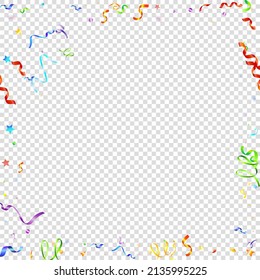 Colorful Serpentine. Holiday Foil Streamers Ribbons. Confetti Star Falling on Transparent Background. Party, Birthday Vector Template. Carnival Serpentine. Celebration Elements. Bright Festive Tinsel.
