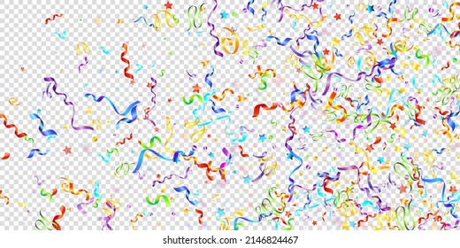 Colorful Serpentine. Holiday Foil Streamers Ribbons. Confetti Star Falling on Transparent Background. Party, Birthday Vector Template. Carnival Serpentine. Celebration Elements. Bright Festive Tinsel.