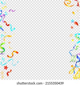 Colorful Serpentine. Holiday Foil Streamers Ribbons. Confetti Star Falling on Transparent Background. Party, Birthday Vector Template. Carnival Serpentine. Celebration Elements. Bright Festive Tinsel.