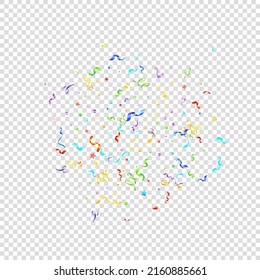 Colorful Serpentine. Holiday Foil Streamers Ribbons. Confetti Star Falling on Transparent Background. Party, Birthday Vector Template. Sparkle Serpentine. Celebration Elements. Bright Festive Tinsel.