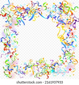 Colorful Serpentine. Holiday Foil Streamers Ribbons. Confetti Star Falling on Transparent Background. Party, Birthday Vector Template. Carnival Serpentine. Celebration Elements. Bright Festive Tinsel.