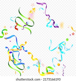 Colorful Serpentine. Holiday Foil Streamers Ribbons. Confetti Star Falling on Transparent Background. Party, Birthday Vector Template. Carnival Serpentine. Celebration Elements. Bright Festive Tinsel.