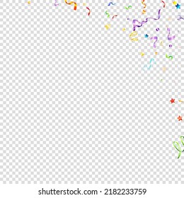 Colorful Serpentine. Holiday Foil Streamers Ribbons. Confetti Star Falling on Transparent Background. Party, Birthday Vector Template. Carnival Serpentine. Celebration Elements. Bright Festive Tinsel.