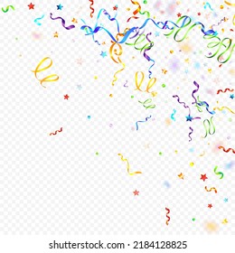 Colorful Serpentine. Holiday Foil Streamers Ribbons. Confetti Star Falling on Transparent Background. Party, Birthday Vector Template. Carnival Serpentine. Celebration Elements. Bright Festive Tinsel.