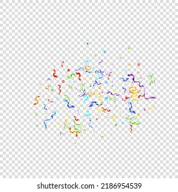 Colorful Serpentine. Holiday Foil Streamers Ribbons. Confetti Star Falling on Transparent Background. Party, Birthday Vector Template. Sparkle Serpentine. Celebration Elements. Bright Festive Tinsel.