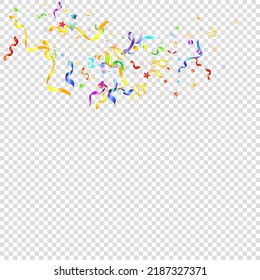 Colorful Serpentine. Holiday Foil Streamers Ribbons. Confetti Star Falling on Transparent Background. Party, Birthday Vector Template. Carnival Serpentine. Celebration Elements. Bright Festive Tinsel.