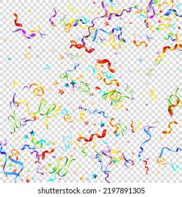 Colorful Serpentine. Holiday Foil Streamers Ribbons. Confetti Star Falling on Transparent Background. Party, Birthday Vector Template. Carnival Serpentine. Celebration Elements. Bright Festive Tinsel.