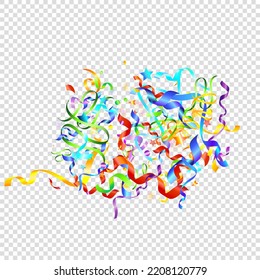 Colorful Serpentine. Holiday Foil Streamers Ribbons. Confetti Star Falling on Transparent Background. Party, Birthday Vector Template. Carnival Serpentine. Celebration Elements. Bright Festive Tinsel.