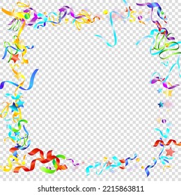 Colorful Serpentine. Holiday Foil Streamers Ribbons. Confetti Star Falling on Transparent Background. Party, Birthday Vector Template. Carnival Serpentine. Celebration Elements. Bright Festive Tinsel.