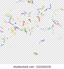 Colorful Serpentine. Holiday Foil Streamers Ribbons. Confetti Star Falling on Transparent Background. Party, Birthday Vector Template. Sparkle Serpentine. Celebration Elements. Bright Festive Tinsel.