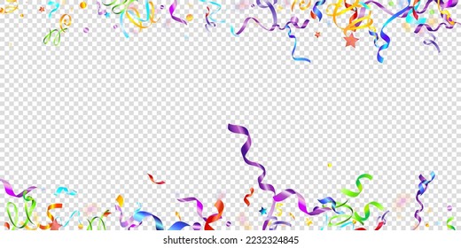 Colorful Serpentine. Holiday Foil Streamers Ribbons. Confetti Star Falling on Transparent Background. Party, Birthday Vector Template. Carnival Serpentine. Celebration Elements. Bright Festive Tinsel.