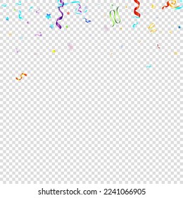 Colorful Serpentine. Holiday Foil Streamers Ribbons. Confetti Star Falling on Transparent Background. Party, Birthday Vector Template. Carnival Serpentine. Celebration Elements. Bright Festive Tinsel.