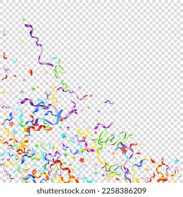 Colorful Serpentine. Holiday Foil Streamers Ribbons. Confetti Star Falling on Transparent Background. Party, Birthday Vector Template. Carnival Serpentine. Celebration Elements. Bright Festive Tinsel.