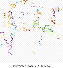 Colorful Serpentine. Holiday Foil Streamers Ribbons. Confetti Star Falling on Transparent Background. Party, Birthday Vector Template. Carnival Serpentine. Celebration Elements. Bright Festive Tinsel.