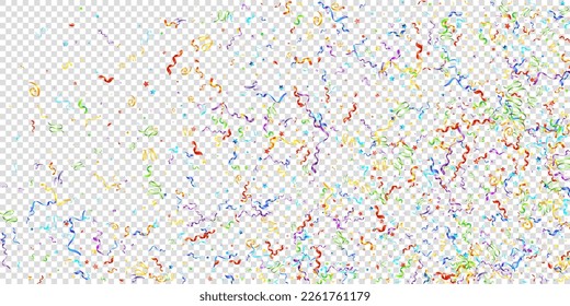 Colorful Serpentine. Holiday Foil Streamers Ribbons. Confetti Star Falling on Transparent Background. Party, Birthday Vector Template. Sparkle Serpentine. Celebration Elements. Bright Festive Tinsel.