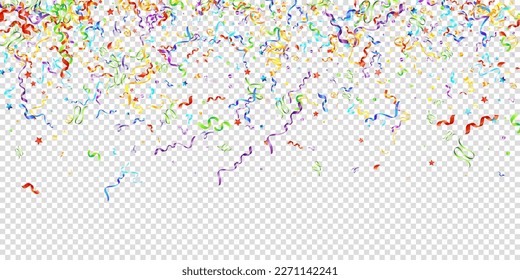 Colorful Serpentine. Holiday Foil Streamers Ribbons. Confetti Star Falling on Transparent Background. Party, Birthday Vector Template. Sparkle Serpentine. Celebration Elements. Bright Festive Tinsel.