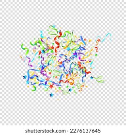 Colorful Serpentine. Holiday Foil Streamers Ribbons. Confetti Star Falling on Transparent Background. Party, Birthday Vector Template. Carnival Serpentine. Celebration Elements. Bright Festive Tinsel.
