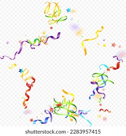 Colorful Serpentine. Holiday Foil Streamers Ribbons. Confetti Star Falling on Transparent Background. Party, Birthday Vector Template. Carnival Serpentine. Celebration Elements. Bright Festive Tinsel.