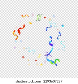 Colorful Serpentine. Holiday Foil Streamers Ribbons. Confetti Star Falling on Transparent Background. Party, Birthday Vector Template. Carnival Serpentine. Celebration Elements. Bright Festive Tinsel.