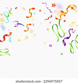 Colorful Serpentine. Holiday Foil Streamers Ribbons. Confetti Star Falling on Transparent Background. Party, Birthday Vector Template. Carnival Serpentine. Celebration Elements. Bright Festive Tinsel.