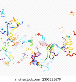 Colorful Serpentine. Holiday Foil Streamers Ribbons. Confetti Star Falling on Transparent Background. Party, Birthday Vector Template. Carnival Serpentine. Celebration Elements. Bright Festive Tinsel.